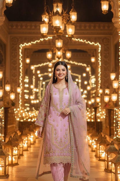Woman in a pink traditional outfit standing in a decorated indoor setting with string lights and lanterns.