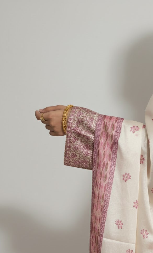 Pakistani Silk Shalwar Kameez Suit | Cream & Pink Printed Dupatta Set | Formal Party Wear UK | Pakistani Dresses