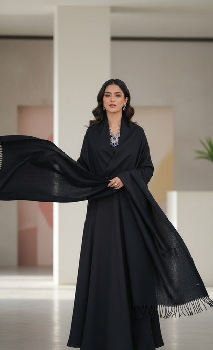 Classic Jet Black Pure Pashmina Wool Shawl | Hand-Woven Formal Stole in UK | Pakistani Shawls & Stoles