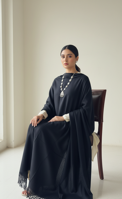Classic Jet Black Pure Pashmina Wool Shawl | Hand-Woven Formal Stole in UK | Pakistani Shawls & Stoles
