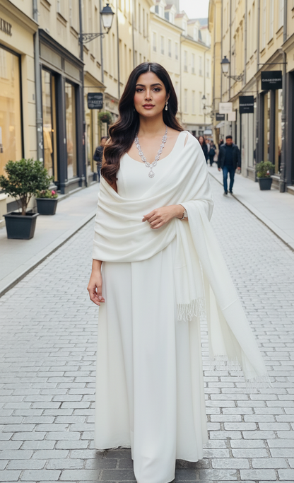 Pure Ivory White Pashmina Wool Shawl | Hand-Woven Bridal Cashmere Stole in UK | Pakistani Shawls & Stoles