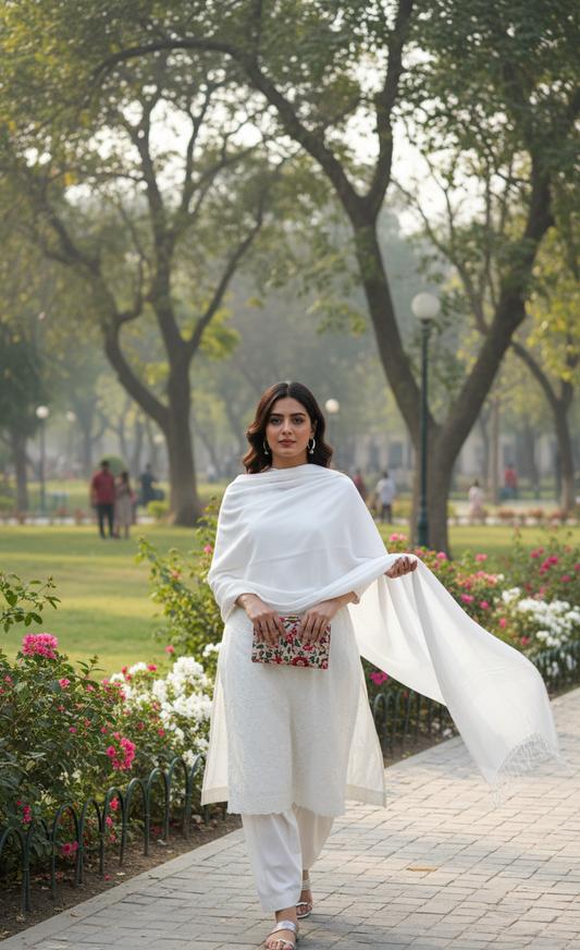 Pure Ivory White Pashmina Wool Shawl | Hand-Woven Bridal Cashmere Stole in UK | Pakistani Shawls & Stoles