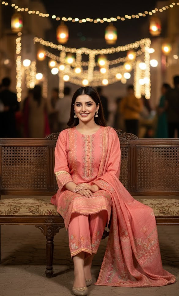 Elegant Coral Pink Crepe Silk Shalwar Kameez with Dupatta - Printed Formal Suit for Eid, Wedding & Party in UK | Pakistani Suits