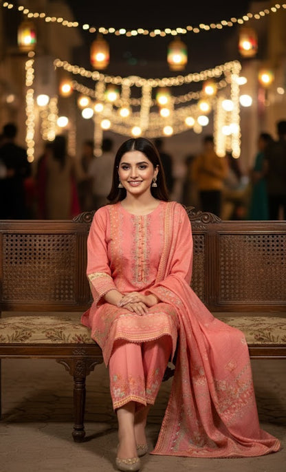 Elegant Coral Pink Crepe Silk Shalwar Kameez with Dupatta - Printed Formal Suit for Eid, Wedding & Party in UK | Pakistani Suits