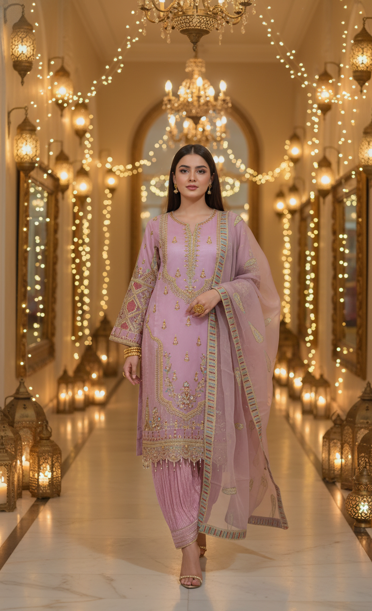 Woman in a pink traditional outfit standing in a decorated hallway with lights and mirrors.