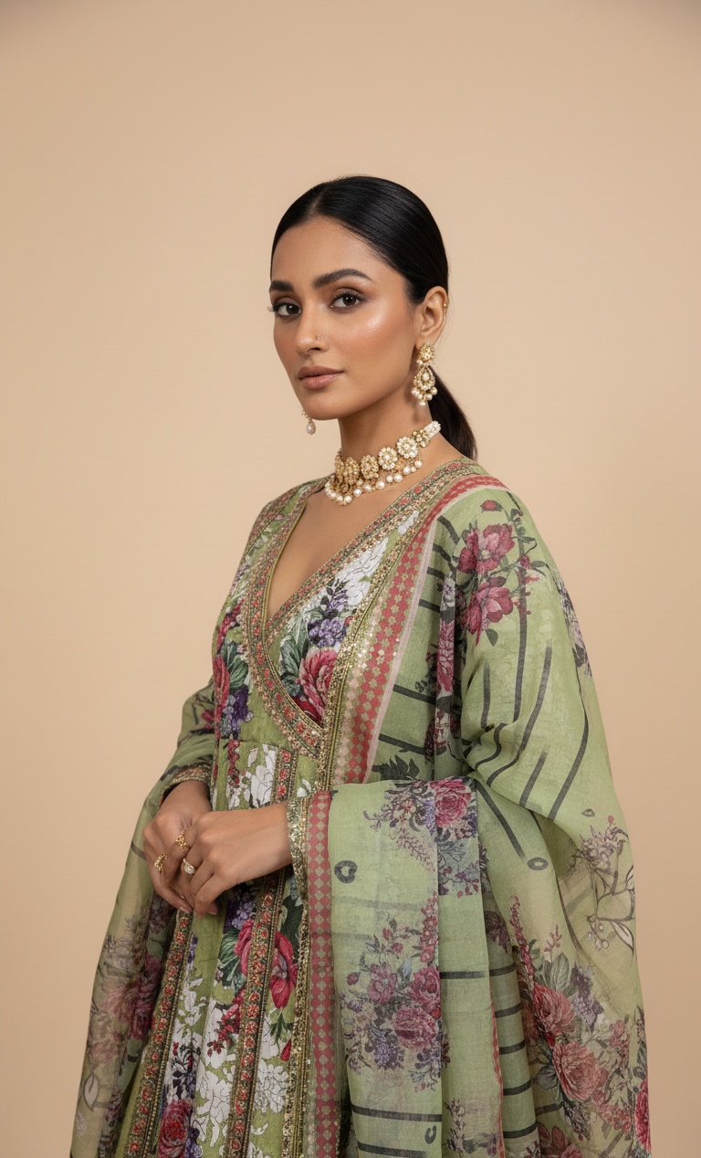 Stunning Lime Green Crepe Angrakha Frock with Dupatta - Embroidered Floral Suit for Wedding, Eid & Formal Party in UK | Pakistani Suits - Ibrahimis