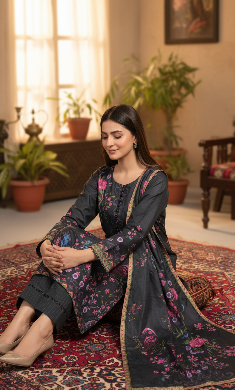 Striking Charcoal Black Crepe Silk Suit with Dupatta - Vibrant Floral Print & Lace for Formal, Party & Eid in UK | Pakistani Suits