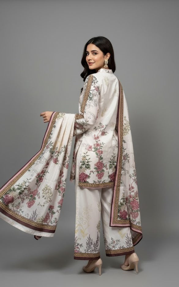 Elegant White & Maroon Silk Co-ord Set UK - Floral Printed Shalwar Kameez for Casual & Formal Events in UK | Pakistani Suits