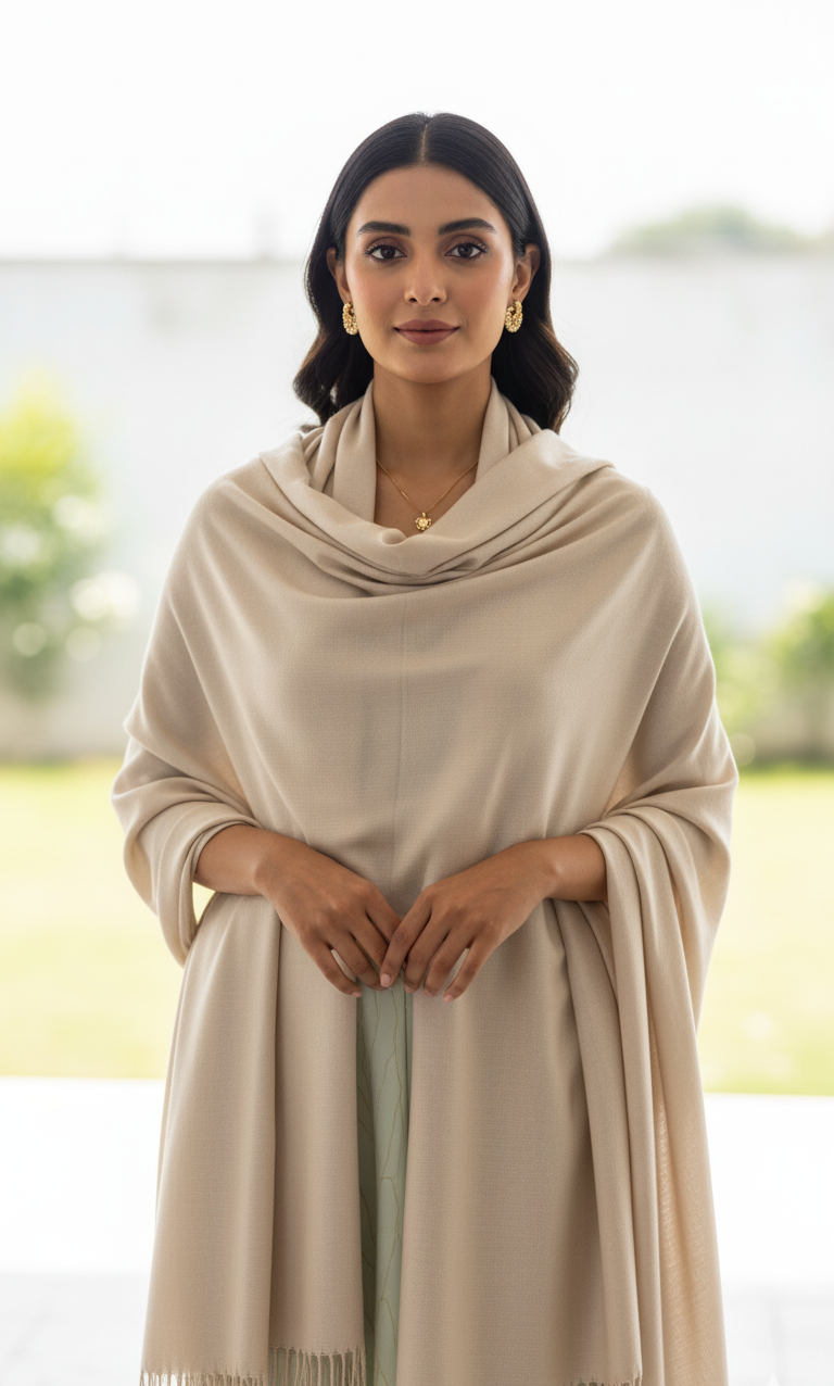 Creamy Light Beige Pure Pashmina Wool Shawl | Elegant Hand-Woven Stole UK | Pakistan Cashmere Wool Shawl/Stole