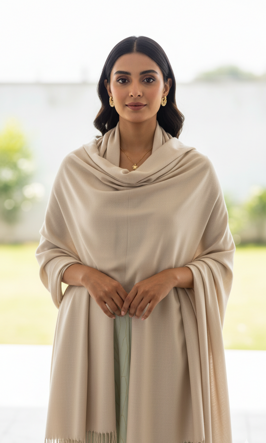 Creamy Light Beige Pure Pashmina Wool Shawl | Elegant Hand-Woven Stole UK | Pakistan Cashmere Wool Shawl/Stole