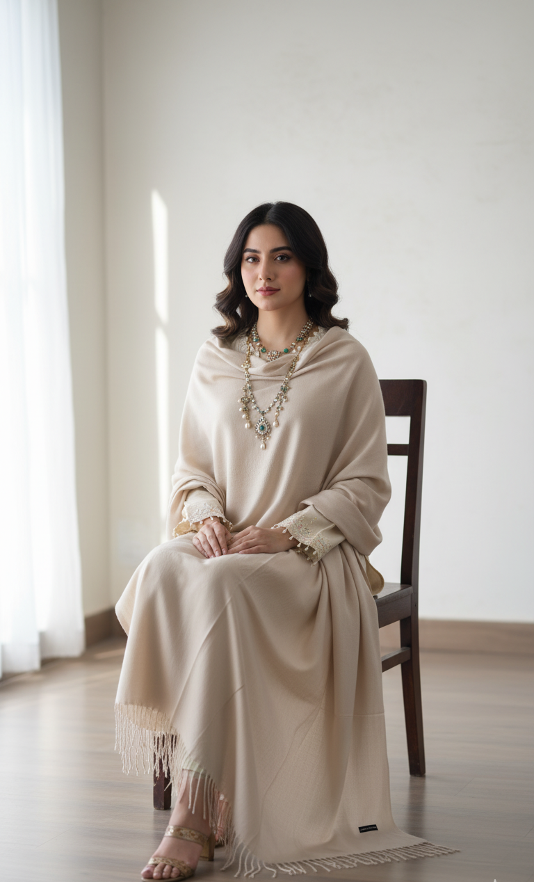 Woman in a beige dress sitting on a chair in a room with white curtains.