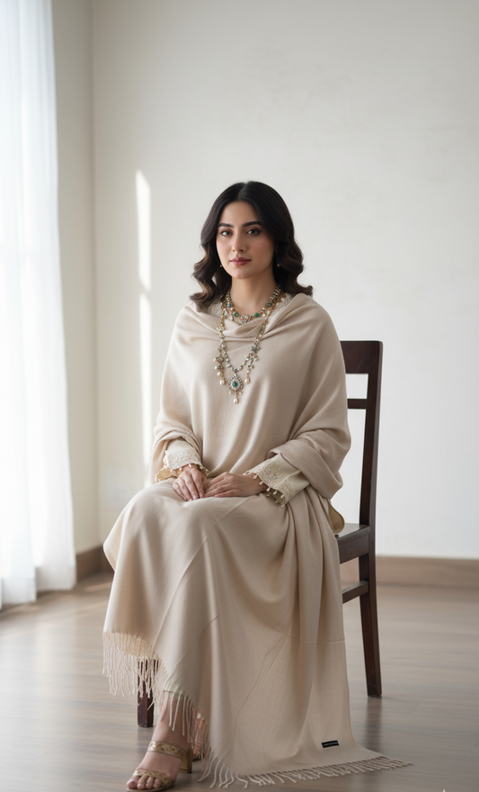 Woman in a beige dress sitting on a chair in a room with white curtains.