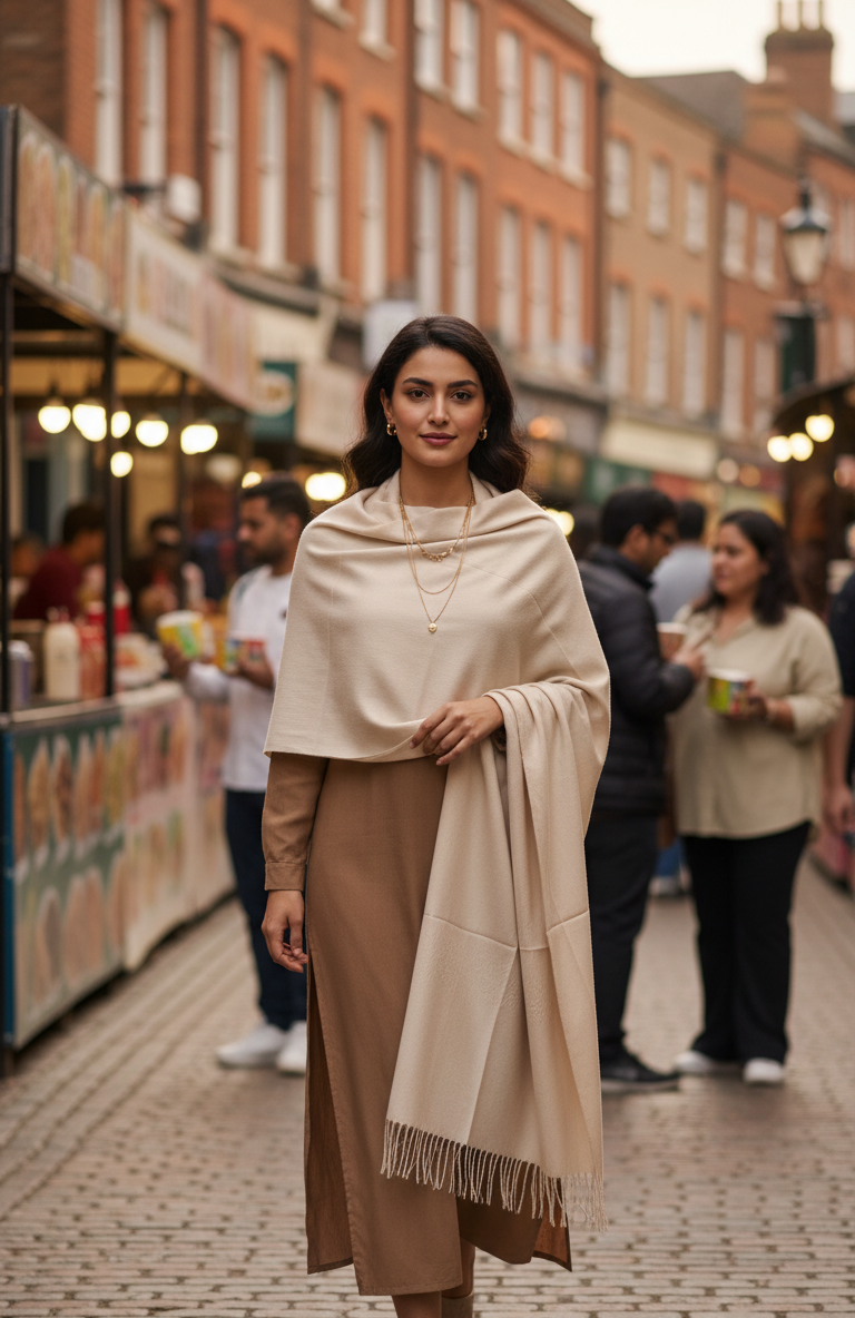 Creamy Light Beige Pure Pashmina Wool Shawl | Elegant Hand-Woven Stole UK | Pakistan Cashmere Wool Shawl/Stole