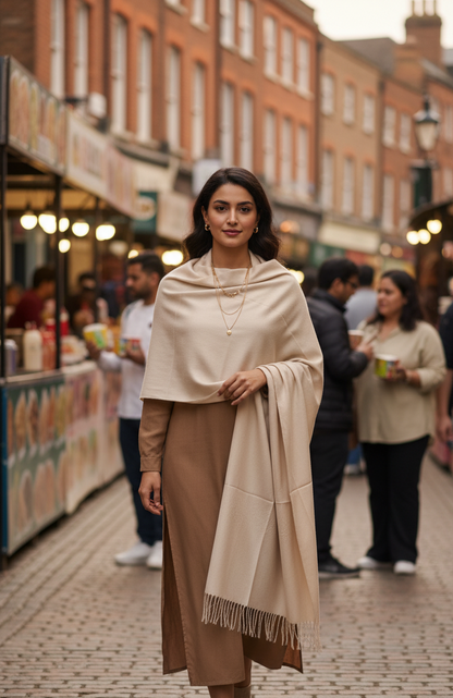 Creamy Light Beige Pure Pashmina Wool Shawl | Elegant Hand-Woven Stole UK | Pakistan Cashmere Wool Shawl/Stole