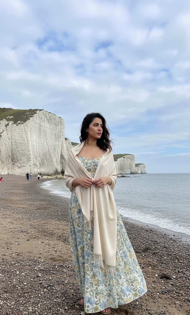 Creamy Light Beige Pure Pashmina Wool Shawl | Elegant Hand-Woven Stole UK | Pakistan Cashmere Wool Shawl/Stole