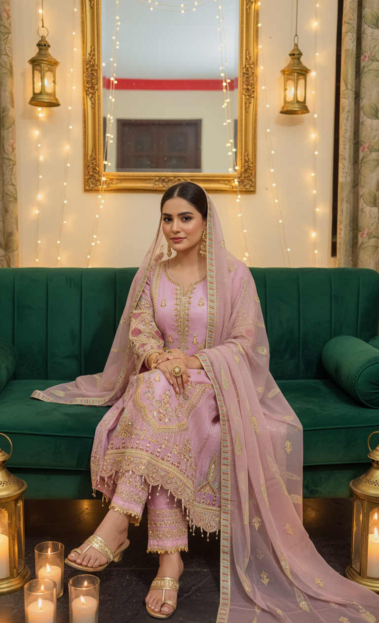 Luxury Mauve Pink Embroidered Formal Suit - Gold Zari & Ruched Trouser - Ibrahimis in UK | Pakistani Suits - Ibrahimis
