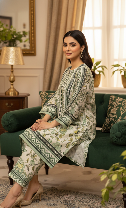Elegant Cream & Olive Green Silk Co-ord Set UK - Printed Shalwar Kameez for Casual & Semi-Formal Wear in UK | Pakistani Suits