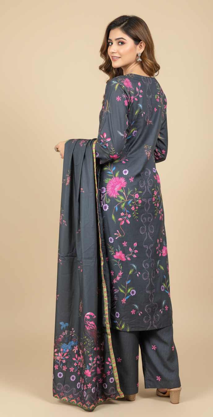Striking Charcoal Black Crepe Silk Suit with Dupatta - Vibrant Floral Print & Lace for Formal, Party & Eid in UK | Pakistani Suits