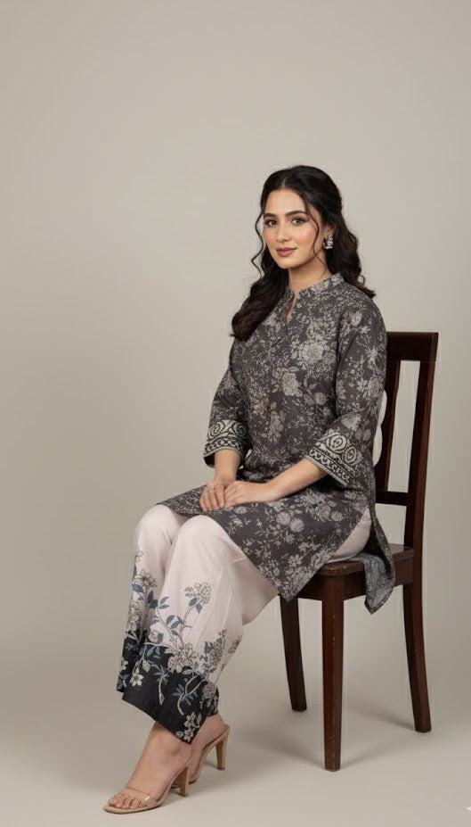 Chic Charcoal & White Silk Co-ord Set UK - Printed Floral Shalwar Kameez for Casual & Semi-Formal  in UK | Pakistani SuitsWear