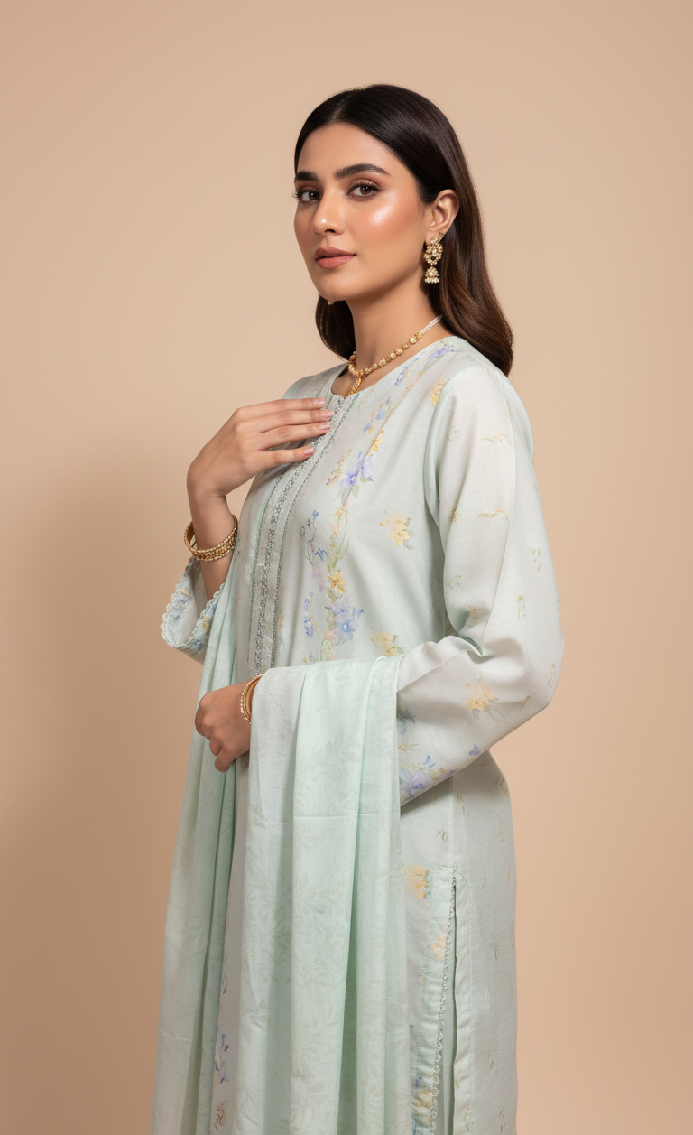 Ethereal Mint Green Crepe Silk Suit with Dupatta - Pastel Floral Print & Lace for Spring, Wedding & Party in UK | Pakistani Suits - Ibrahimis
