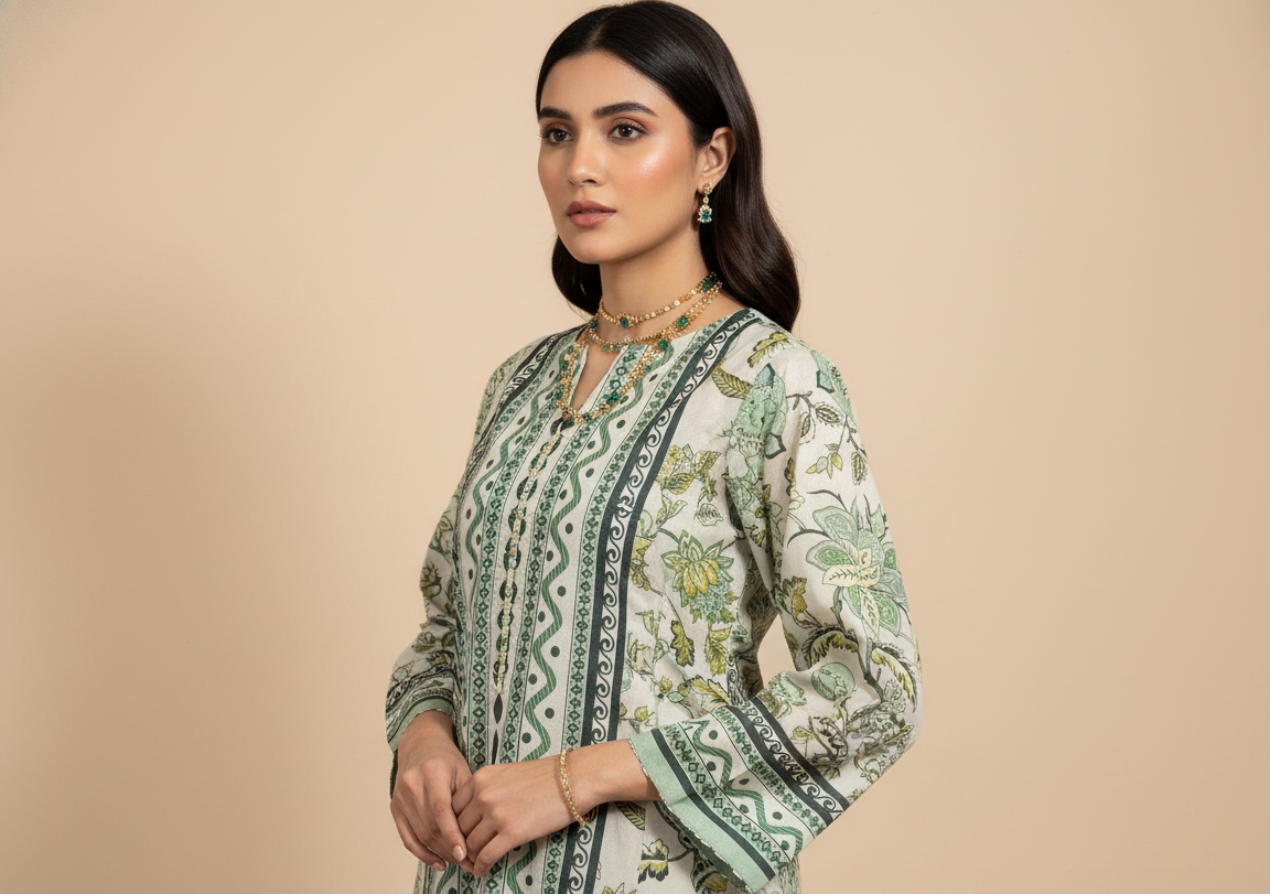 Elegant Cream & Olive Green Silk Co-ord Set UK - Printed Shalwar Kameez for Casual & Semi-Formal Wear in UK | Pakistani Suits