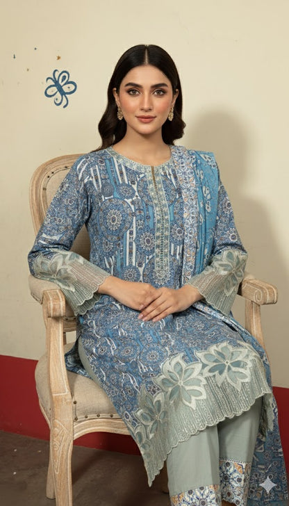 Stunning Blue & White Crepe Silk Shalwar Kameez with Dupatta - Embroidered Mandala Suit for Eid, Wedding & Party in UK | Pakistani Suits