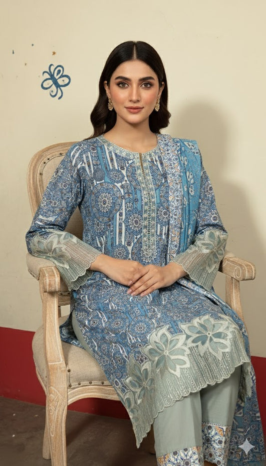 Stunning Blue & White Crepe Silk Shalwar Kameez with Dupatta - Embroidered Mandala Suit for Eid, Wedding & Party in UK | Pakistani Suits