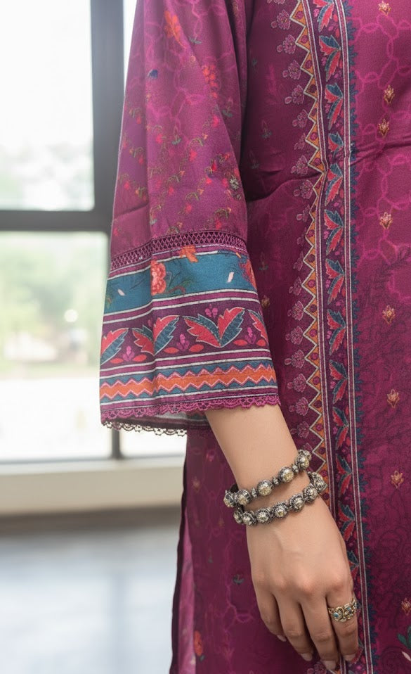 Luxurious Magenta Crepe Silk Shalwar Kameez with Dupatta - Printed Floral Suit with Lace for Eid, Wedding & Party in UK | Pakistani Suits - Ibrahimis