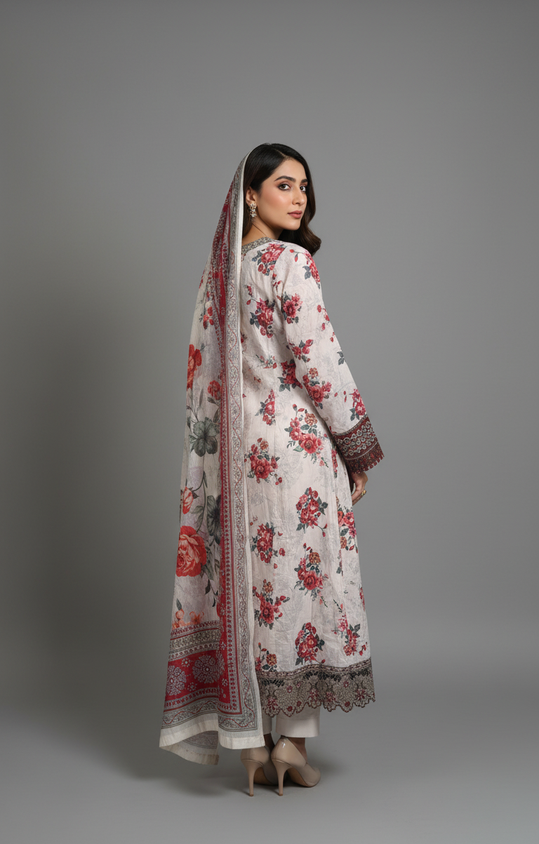Elegant White Crepe Angrakha Frock with Dupatta - Embroidered Floral Suit for Wedding, Eid & Formal Party in UK | Pakistani Suits - Ibrahimis