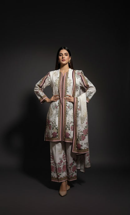 Elegant White & Maroon Silk Co-ord Set UK - Floral Printed Shalwar Kameez for Casual & Formal Events in UK | Pakistani Suits