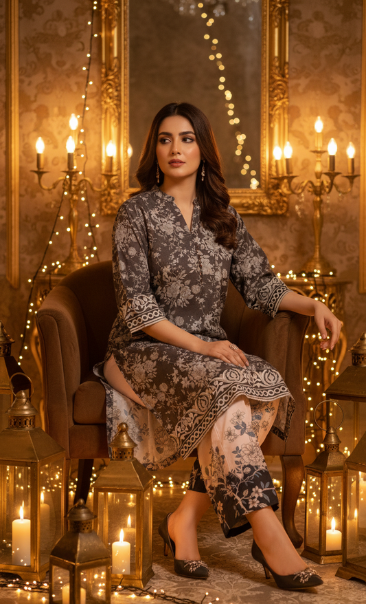 Chic Charcoal & White Silk Co-ord Set UK - Printed Floral Shalwar Kameez for Casual & Semi-Formal  in UK | Pakistani SuitsWear