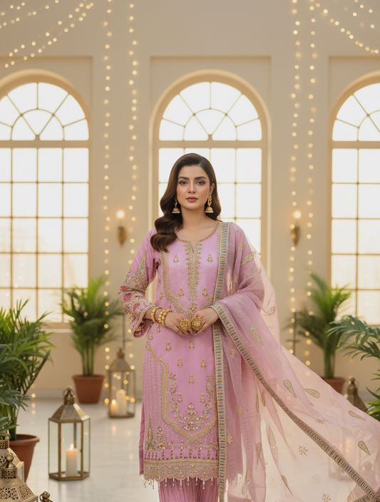 Luxury Mauve Pink Embroidered Formal Suit - Gold Zari & Ruched Trouser - Ibrahimis in UK | Pakistani Suits