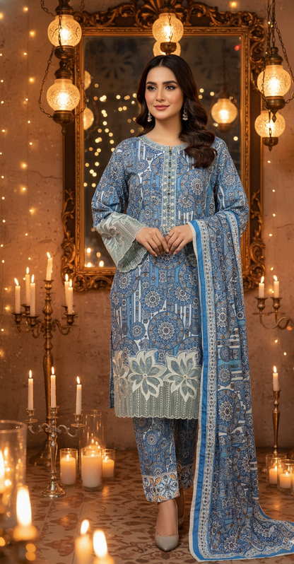 Stunning Blue & White Crepe Silk Shalwar Kameez with Dupatta - Embroidered Mandala Suit for Eid, Wedding & Party in UK | Pakistani Suits
