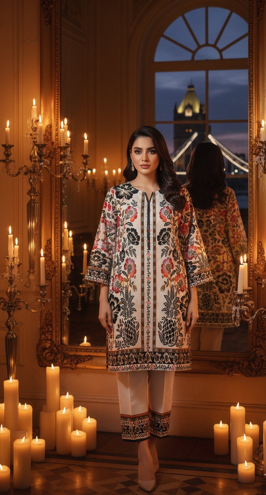 Vibrant Multi-Color Floral Silk Co-ord Set UK - Printed Shalwar Kameez for Casual & Formal Wear in UK | Pakistani Suits