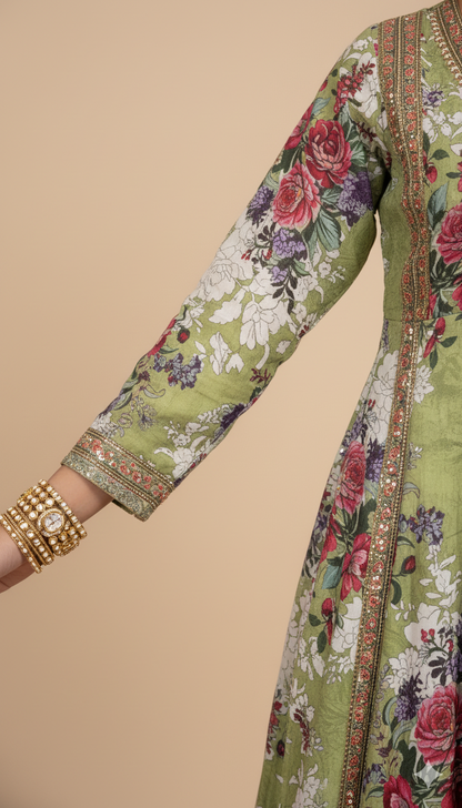 Stunning Lime Green Crepe Angrakha Frock with Dupatta - Embroidered Floral Suit for Wedding, Eid & Formal Party in UK | Pakistani Suits - Ibrahimis