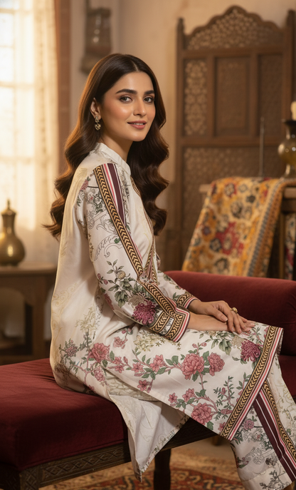 Elegant White & Maroon Silk Co-ord Set UK - Floral Printed Shalwar Kameez for Casual & Formal Events in UK | Pakistani Suits
