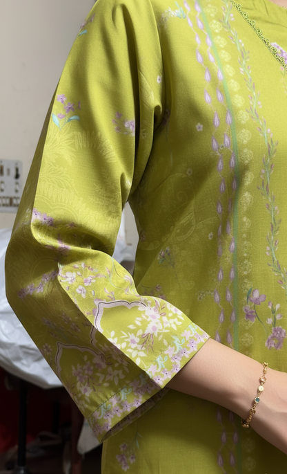 Vibrant Lime Green Crepe Silk Suit with Dupatta - Striped Print & Lace for Formal, Wedding & Party Wear in UK | Pakistani Suits