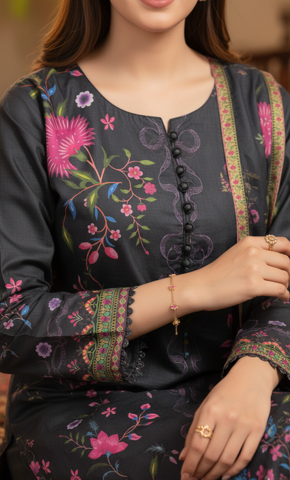 Striking Charcoal Black Crepe Silk Suit with Dupatta - Vibrant Floral Print & Lace for Formal, Party & Eid in UK | Pakistani Suits