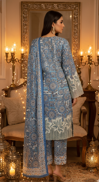 Stunning Blue & White Crepe Silk Shalwar Kameez with Dupatta - Embroidered Mandala Suit for Eid, Wedding & Party in UK | Pakistani Suits