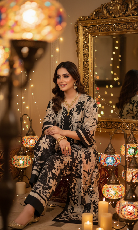 Monochrome Silk Co-ord Set UK - Black & Cream Floral Printed Shalwar Kameez for Formal & Casual Wear in UK | Pakistani Suits